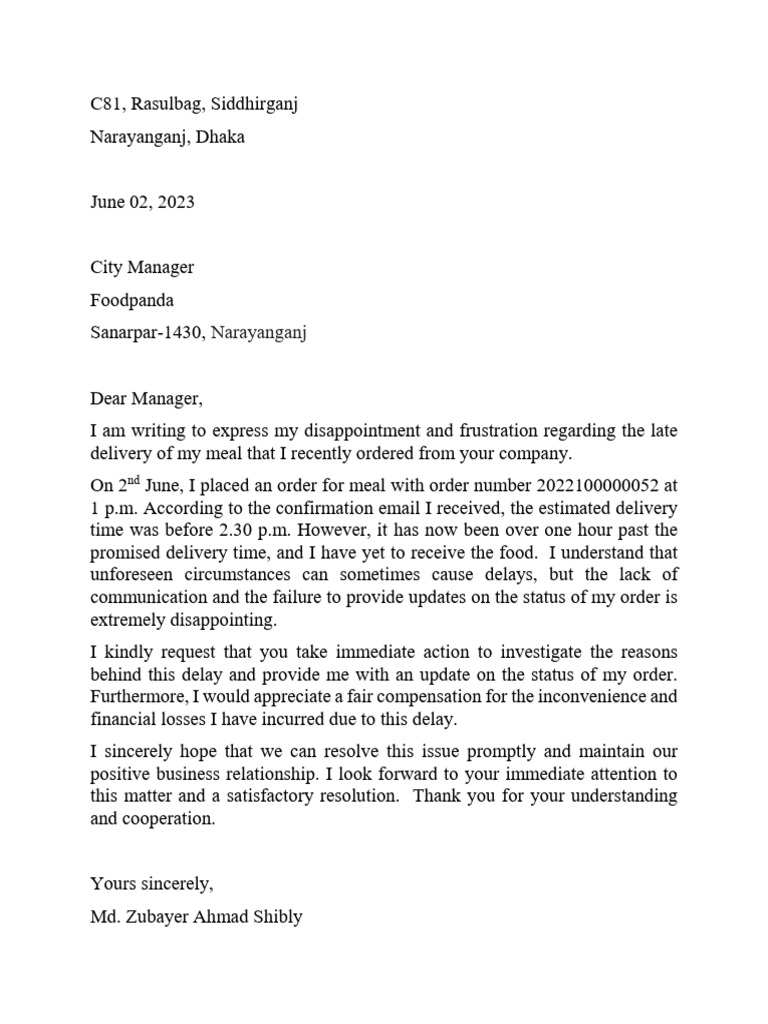 Complaint About Foodpanda Delivery Delay | PDF