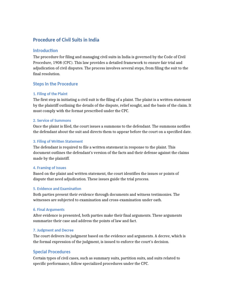 Procedure of Civil Suits in India | PDF