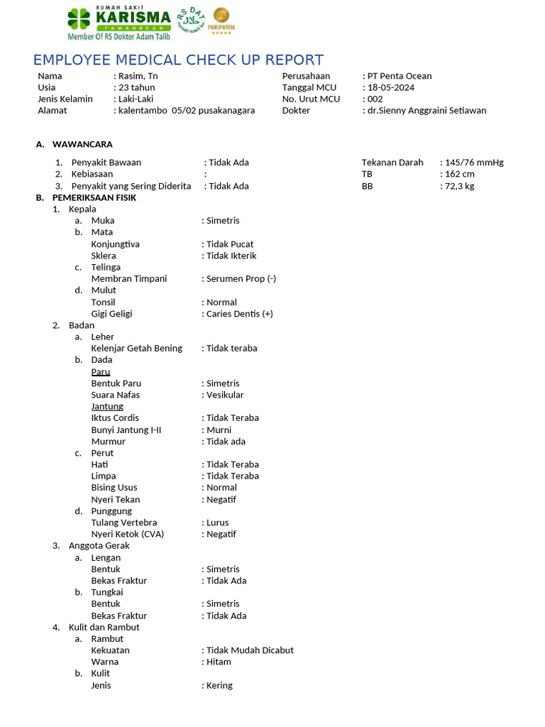 EMPLOYEE MEDICAL CHECK UP REPORT Nenden Putri M | PDF