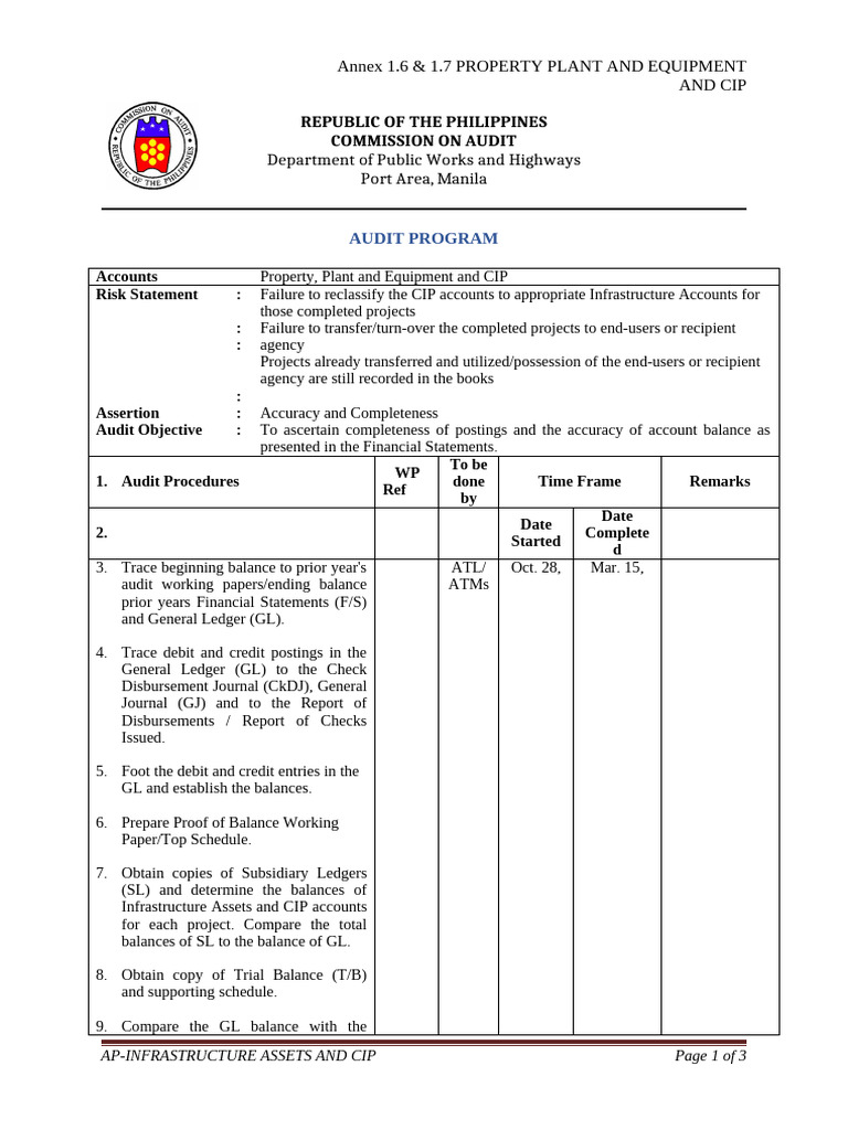 Audit Program for Property Assets and CIP | PDF | Audit | Debits And ...