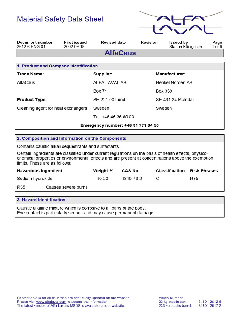AlfaCaus MSDS for Caustic Cleaner | PDF | Waste | Occupational Safety ...