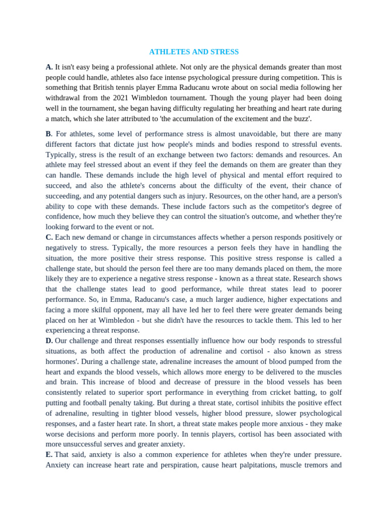 ATHLETES AND STRESS | PDF | Stress (Biology) | Anxiety