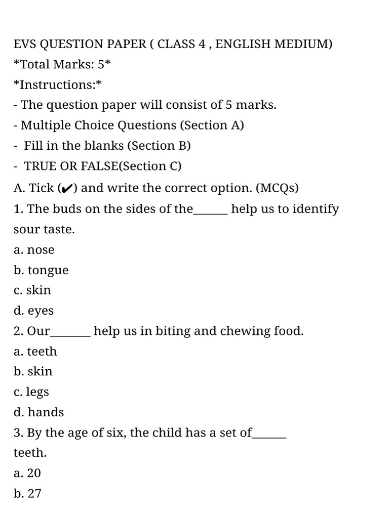 Class 4 EVS Question Paper Guide | PDF