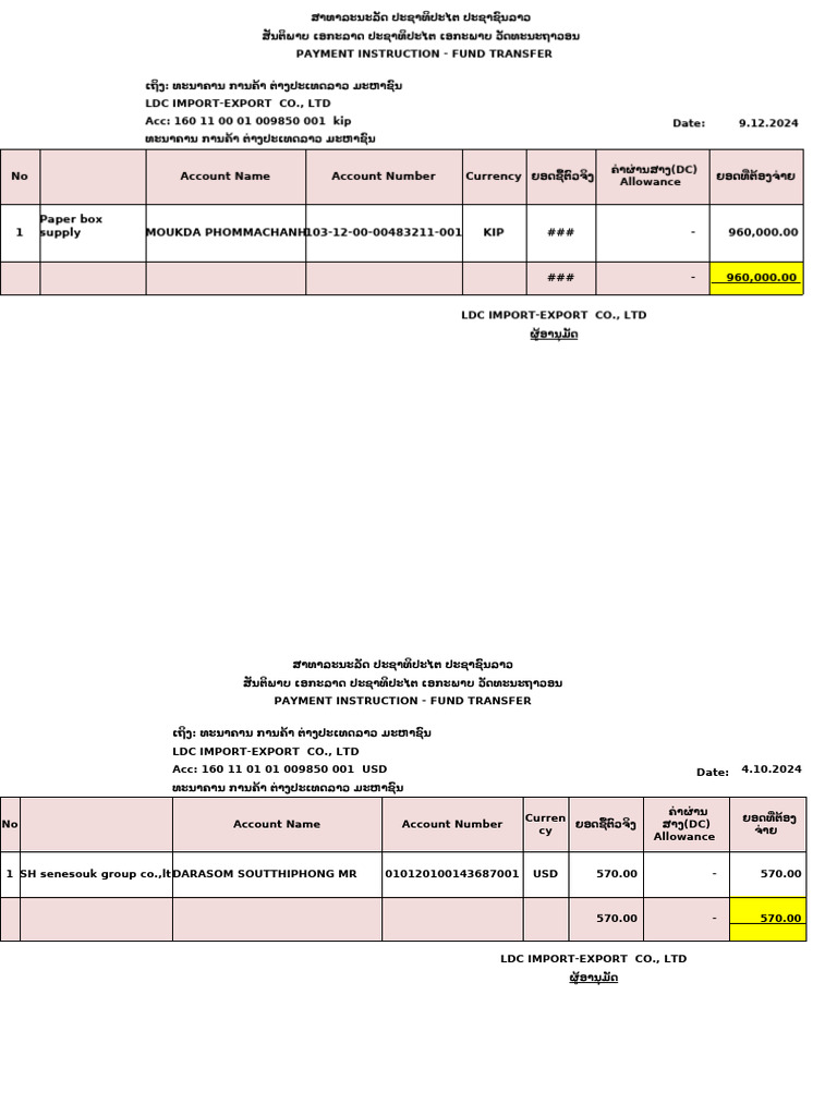 Payment Instruction Template. BCEL (BM12) .. | PDF