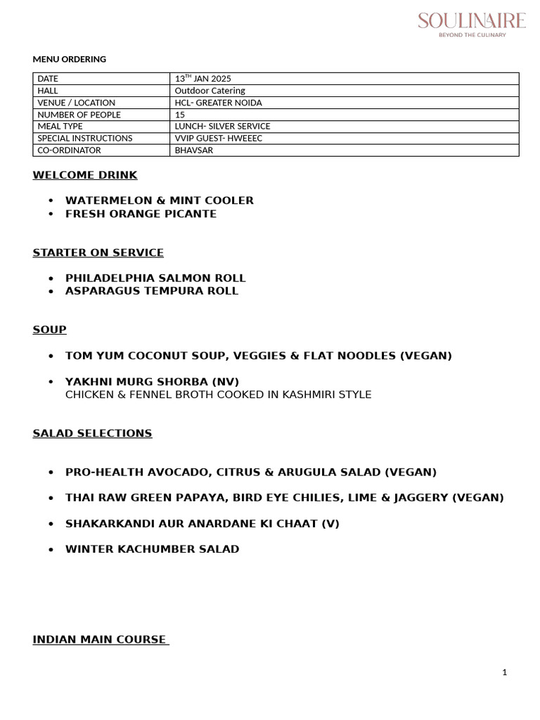 VVIP Lunch Menu for Outdoor Catering | PDF