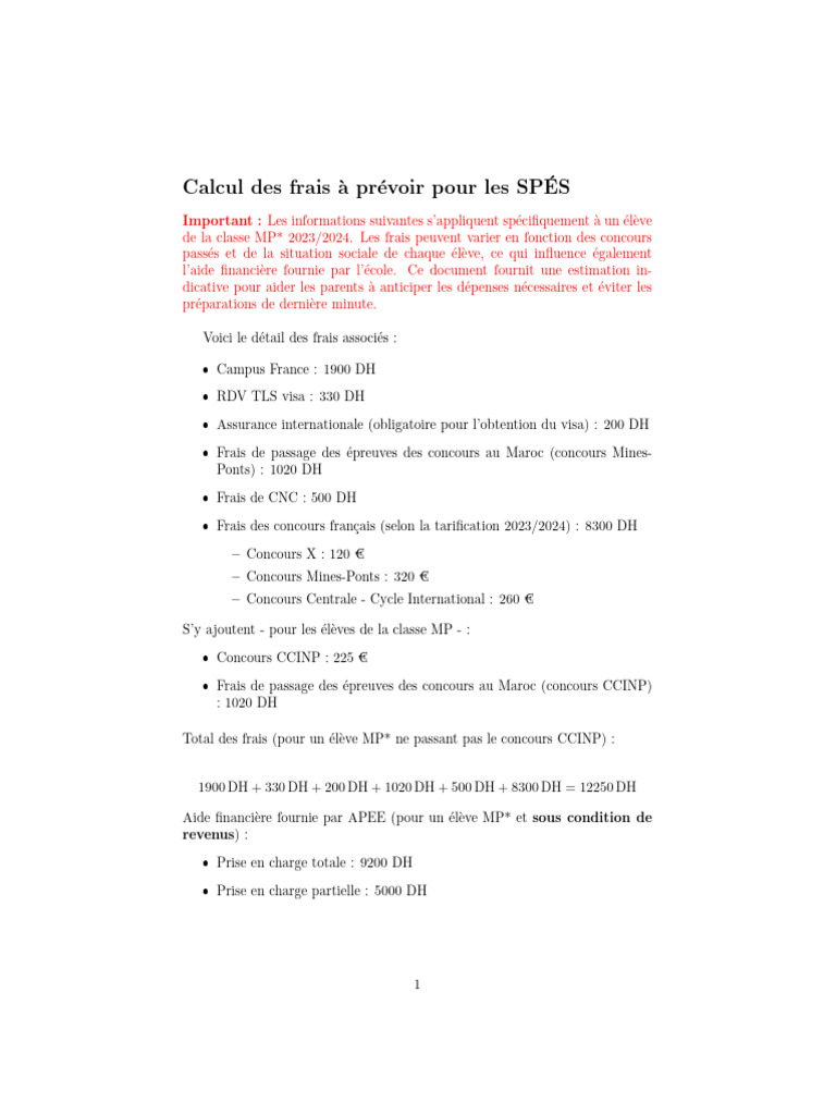Frais à prévoir pour les élèves MP au Maroc | PDF
