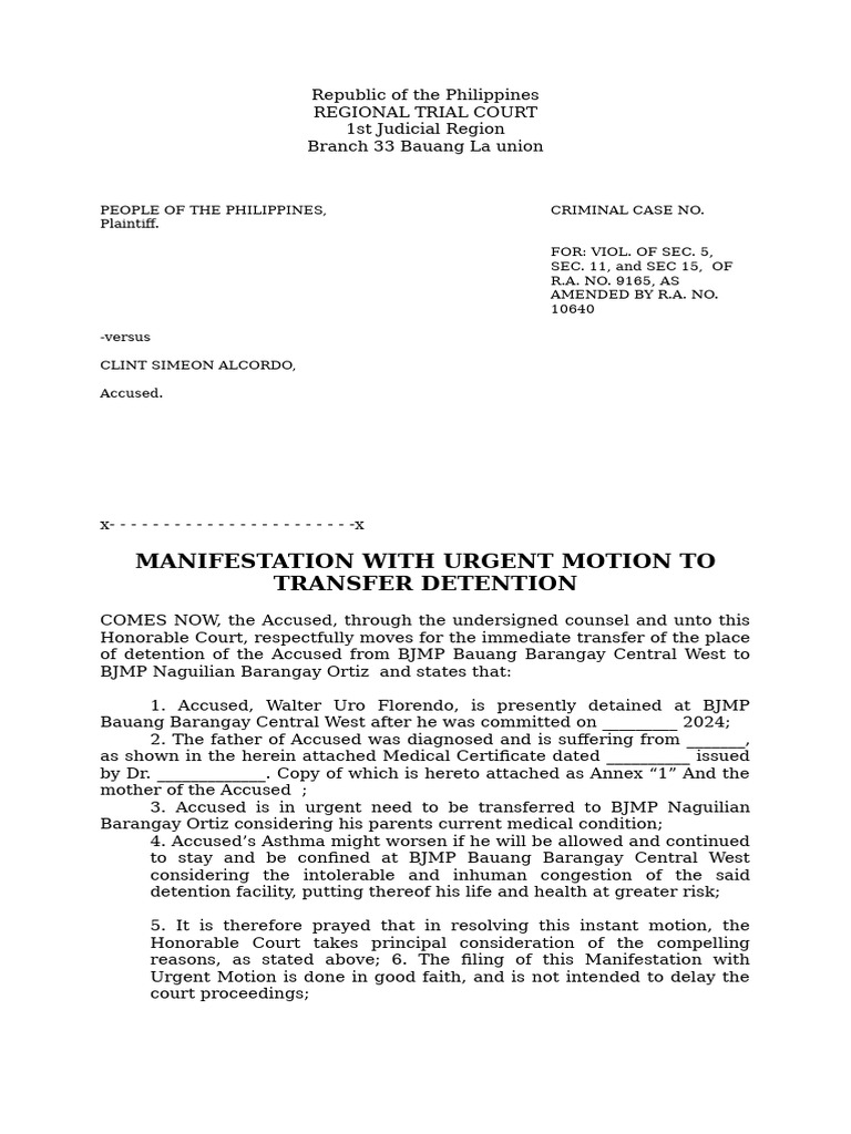 Urgent Motion to Transfer Detention | PDF | Political Law | Public Law