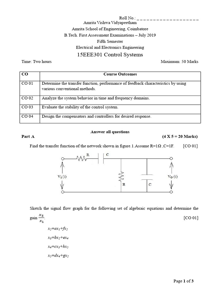 B.Tech Control Systems Exam Paper 2019 | PDF | Function (Mathematics ...