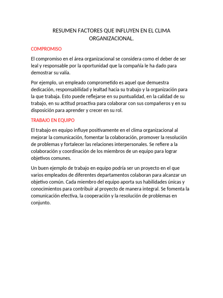 Resumen Factores Que Influyen en El Clima Organizacional | PDF