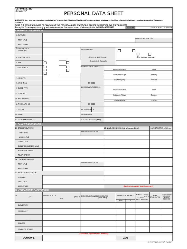 CS Form No. 212 Personal Data Sheet Revised | PDF | Passport | Crime ...