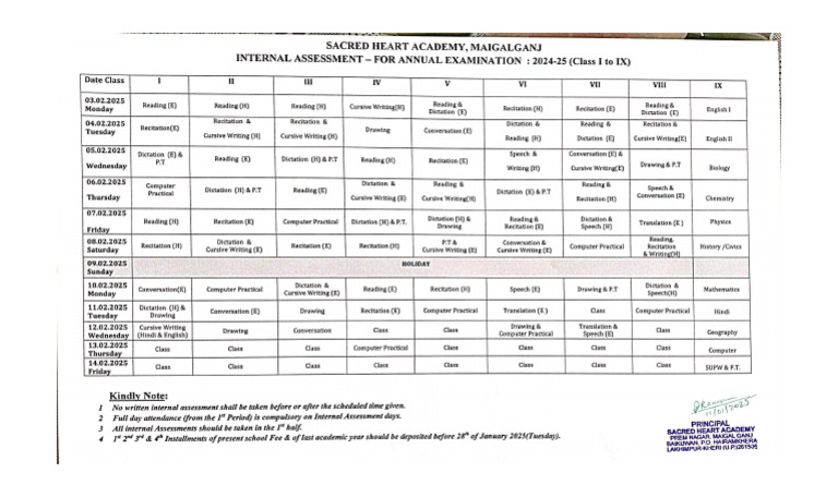 Time Table For Internal Assessment 2024-25 (Class 1st To IXth) | PDF