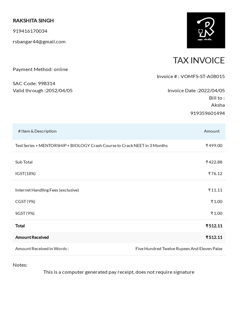 NEET Crash Course Invoice Details | PDF