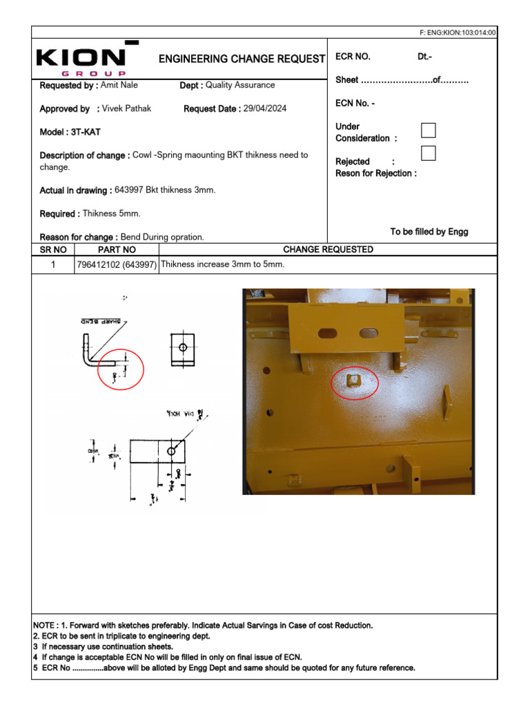 Engineering Change Request for Cowl Thickness | PDF