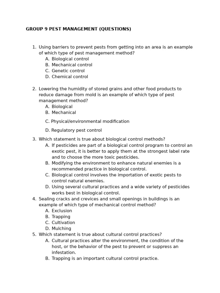 Pest Management Quiz Questions | PDF | Pest Control | Pesticide