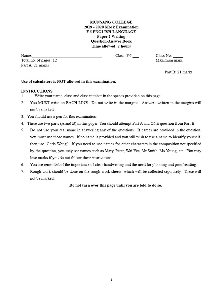 F.6 English Language Mock Exam 2019-20 | PDF | Human Communication