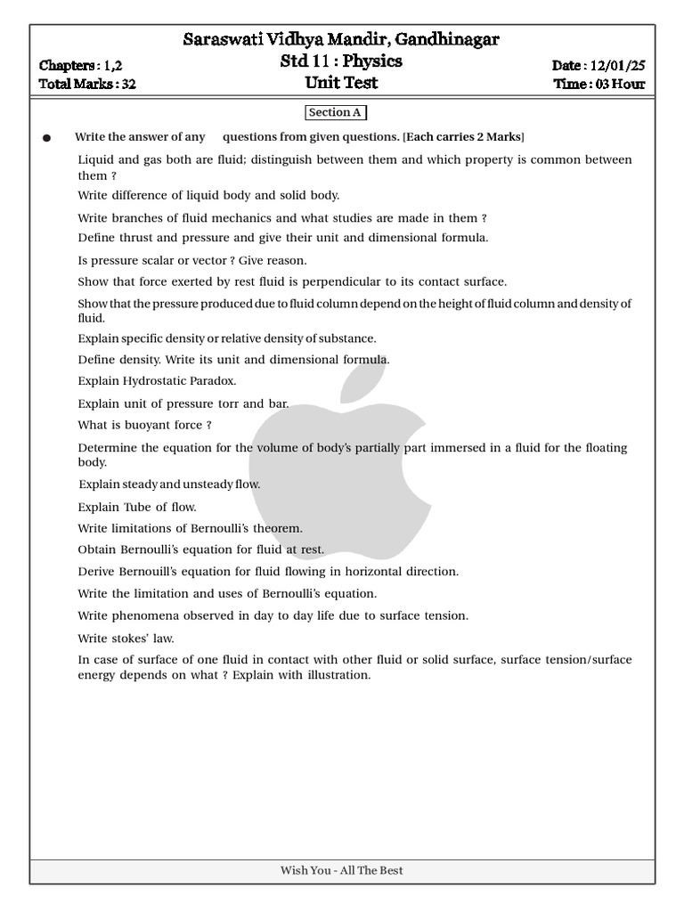 Unittest d12 jan 2025 pdf pressure fluid dynamics