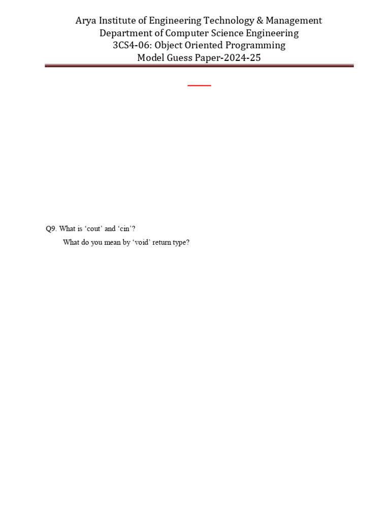 OOP Model Guess Paper 2024-25 | PDF | C++ | Inheritance (Object ...