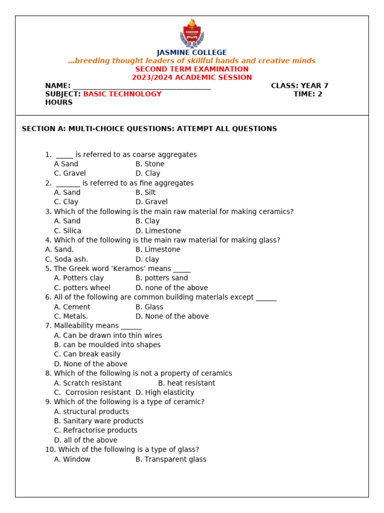 Copy-BASIC - TECH - YAER - 7 (1) 2024 EXAM | PDF | Building Materials ...