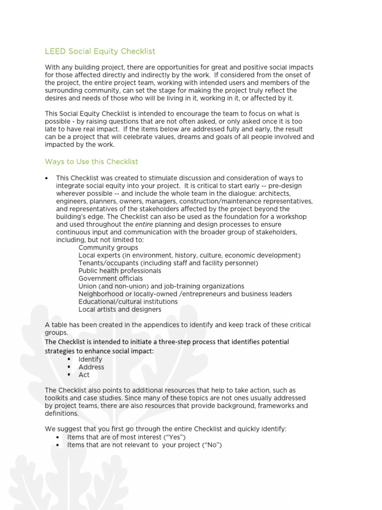 LEED Social Equity Checklist Guide | PDF | Corporate Social ...