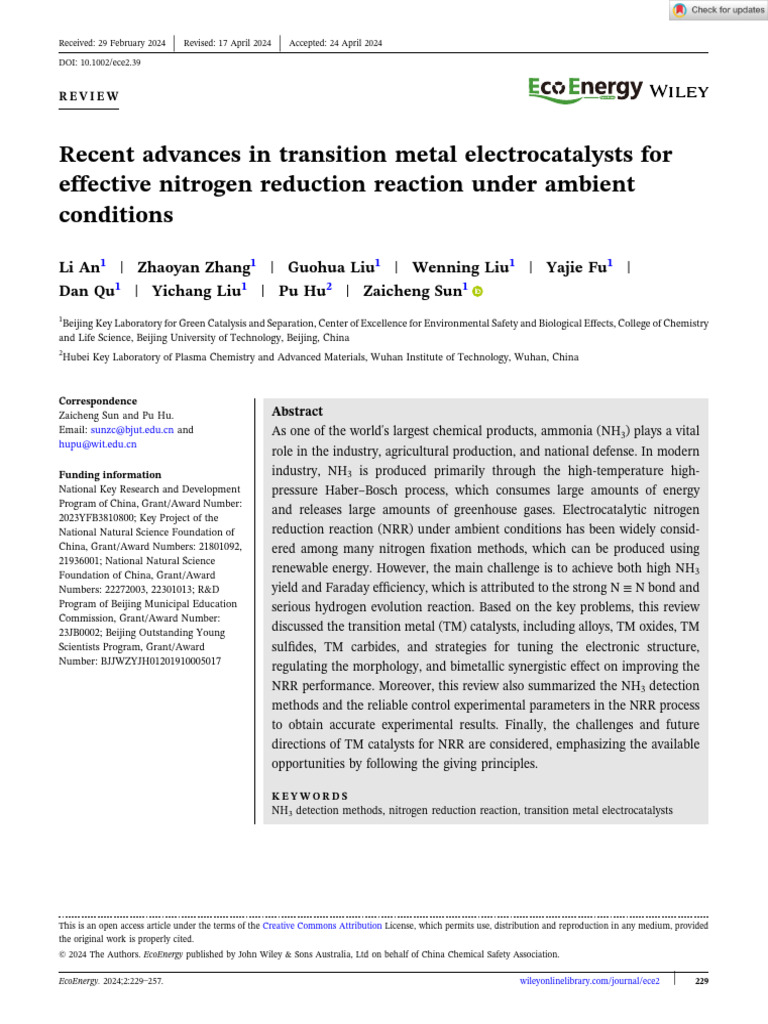 Advances in Transition Metal Catalysts for NRR | PDF | Ammonia | Catalysis