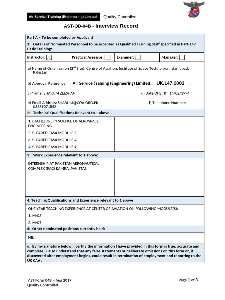 AST Form 04B Interview Record for Training Staff | PDF