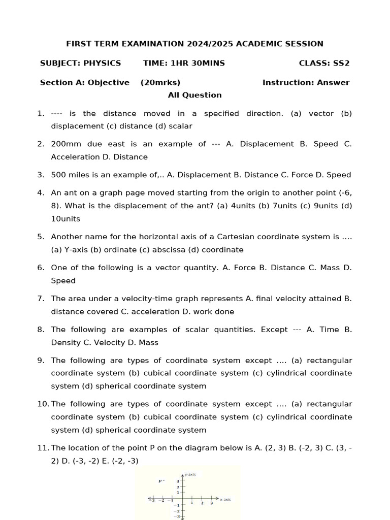 SS2 Physics First Term Exam 2024 | PDF | Cartesian Coordinate System ...