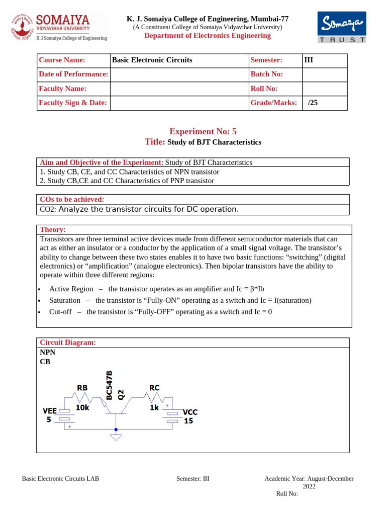 BJT Characteristics for Students | PDF | Transistor | Bipolar Junction ...