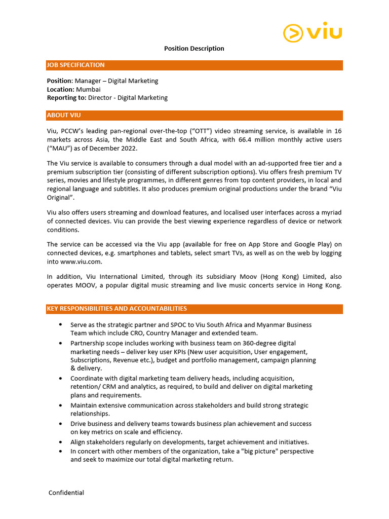 Viu - Manager - Digital Marketing - JD | PDF | Digital Marketing ...