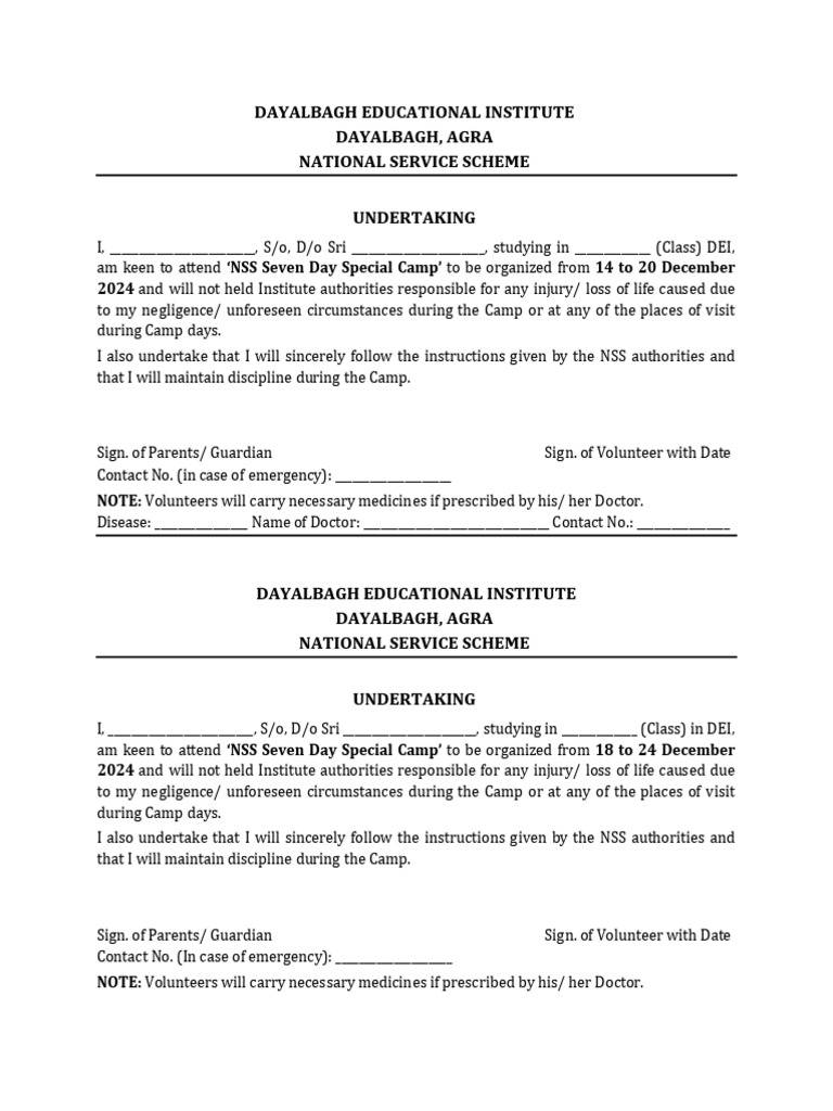 NSS Camp Undertaking Form DEI Agra | PDF | Government Of India