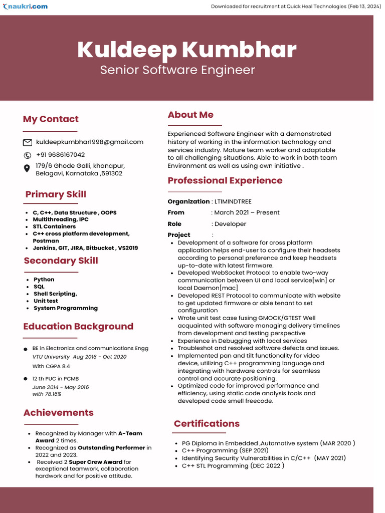 Naukri KuldeepKumbhar (2y 11m) | PDF | C++ | Software Development