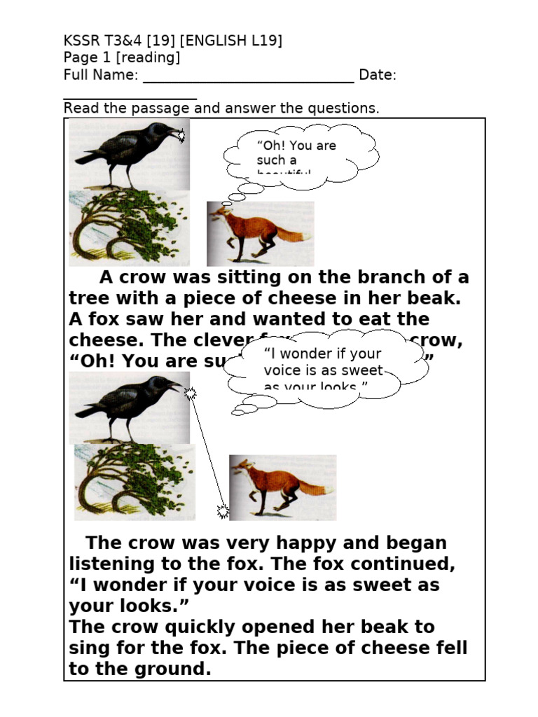 Crow and Fox Fable Reading Exercise | PDF
