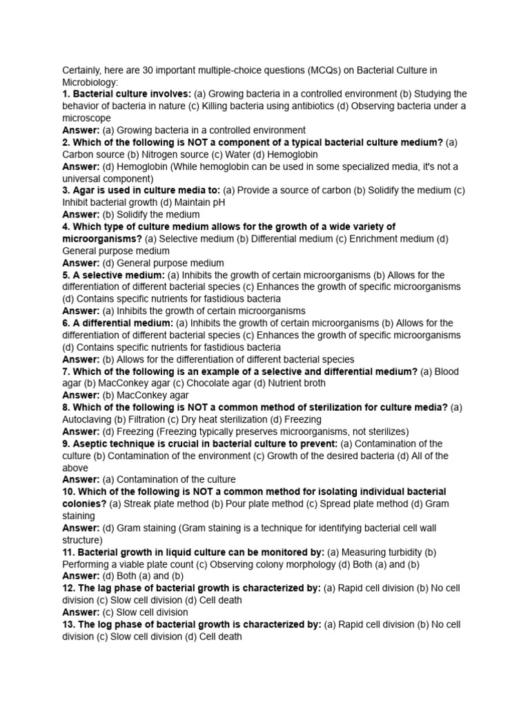 30 MCQs on Bacterial Culture | PDF | Growth Medium | Bacteria