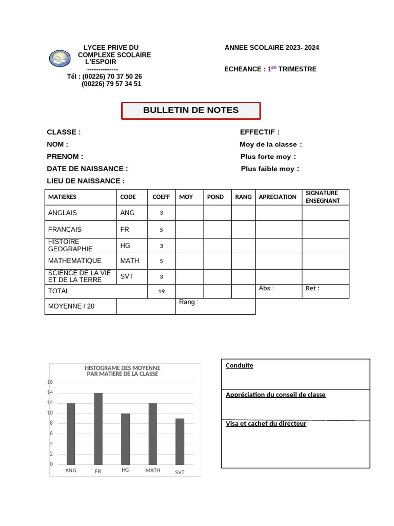 Bulletin de notes 2023-2024 Lycée Espoir | PDF