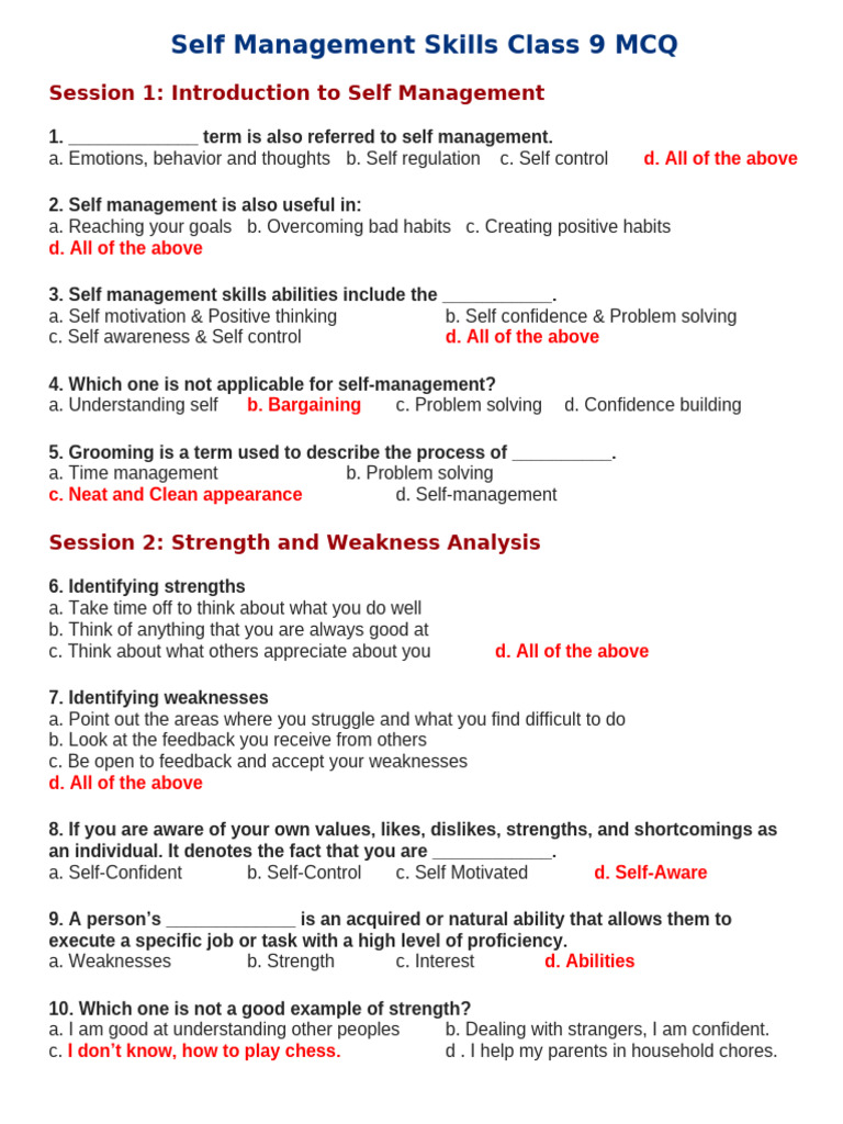 Class 9 Self Management Skills MCQ | PDF | Self Control | Self-Management