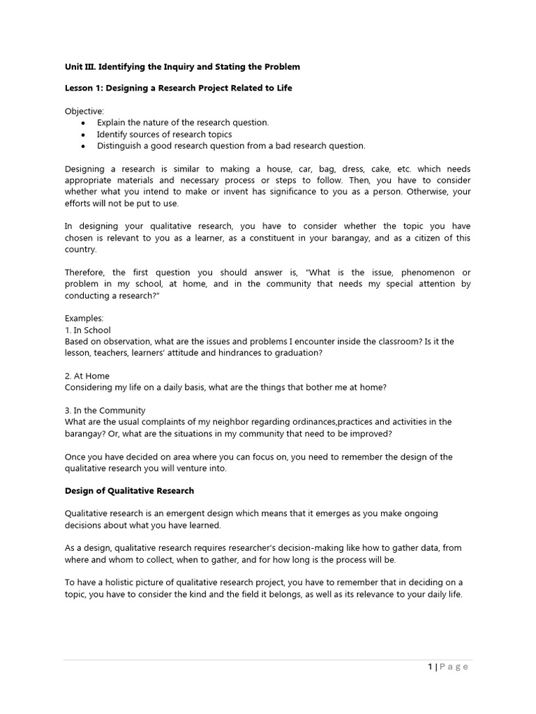 Unit III. Identifying The Inquiry and Stating The Problem Lesson 1 7 ...