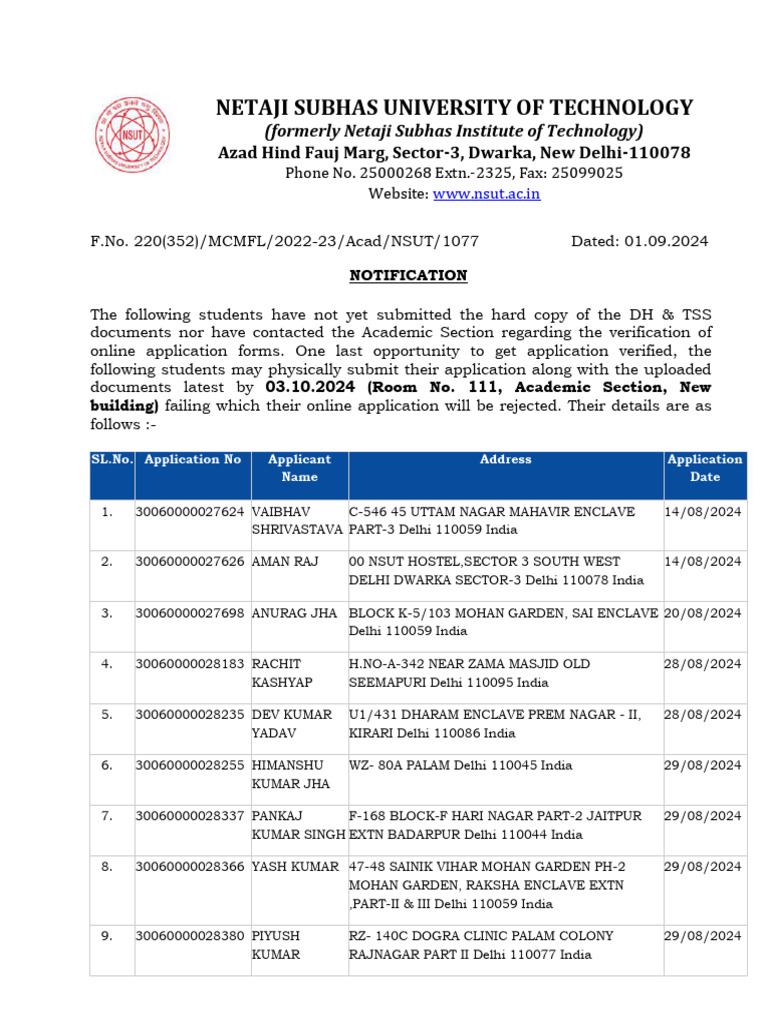 NSUT Final Application Submission Notice | PDF