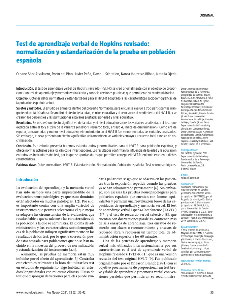 Normalización del HVLT-R en España | PDF | Aprendizaje | Memoria
