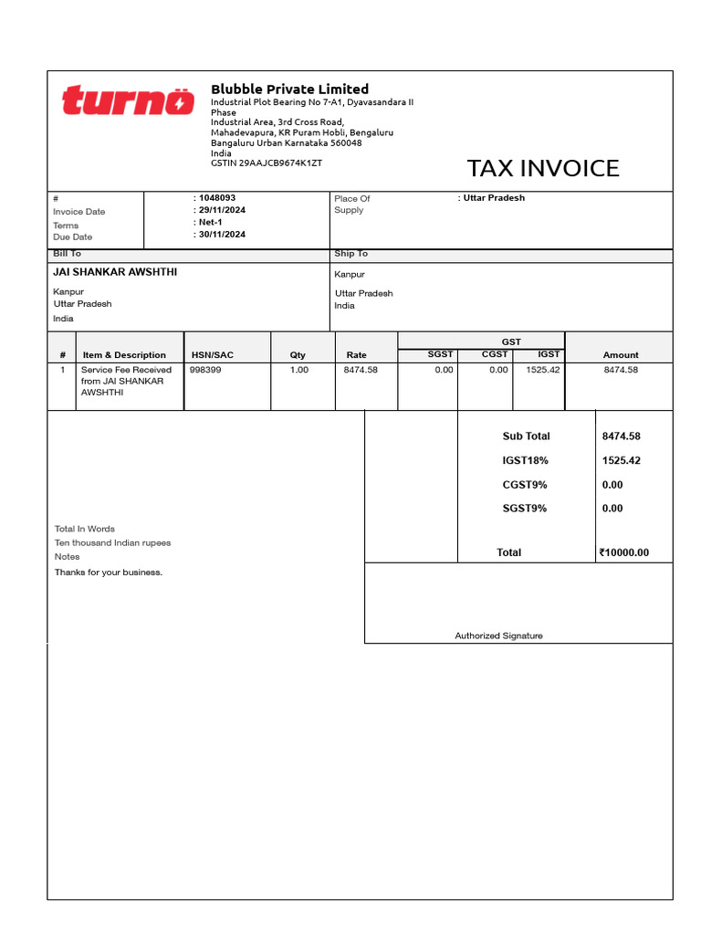 Tax Invoice for Service Fee - Blubble Pvt Ltd | PDF