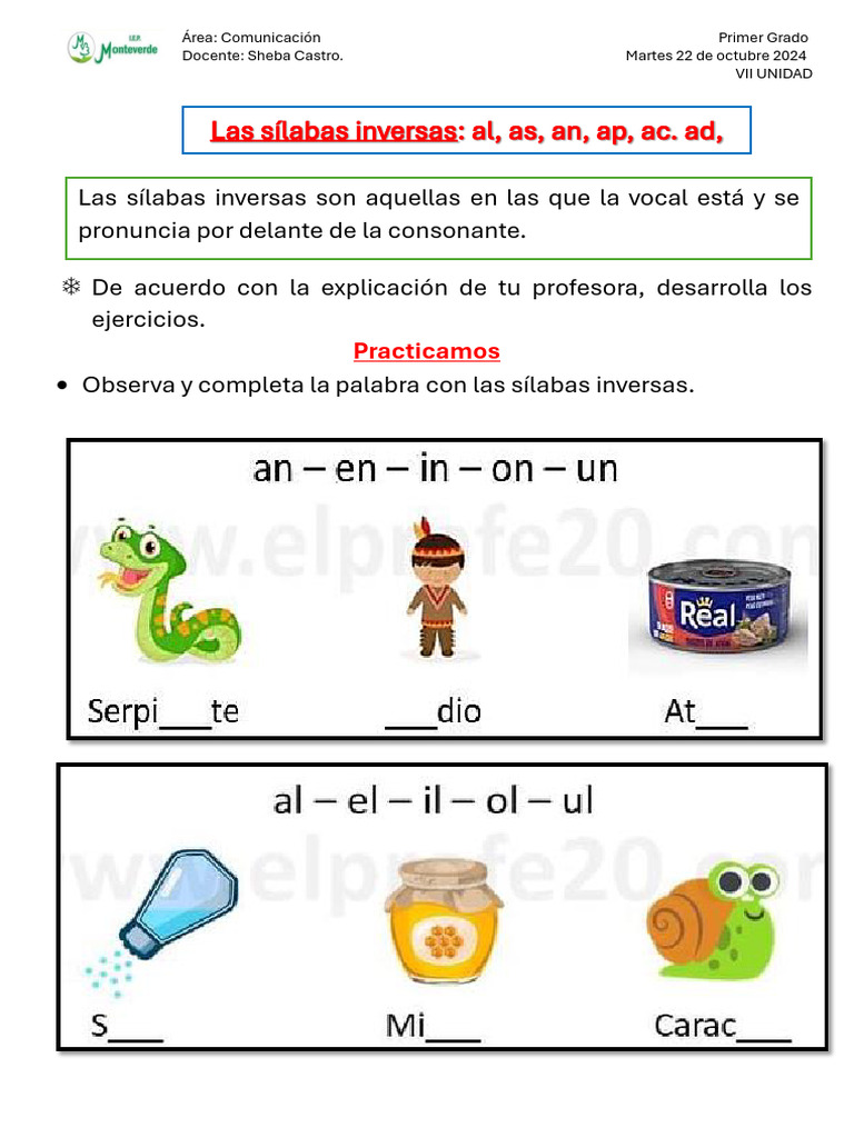 Ejercicios de Sílabas Inversas para Primer Grado | PDF