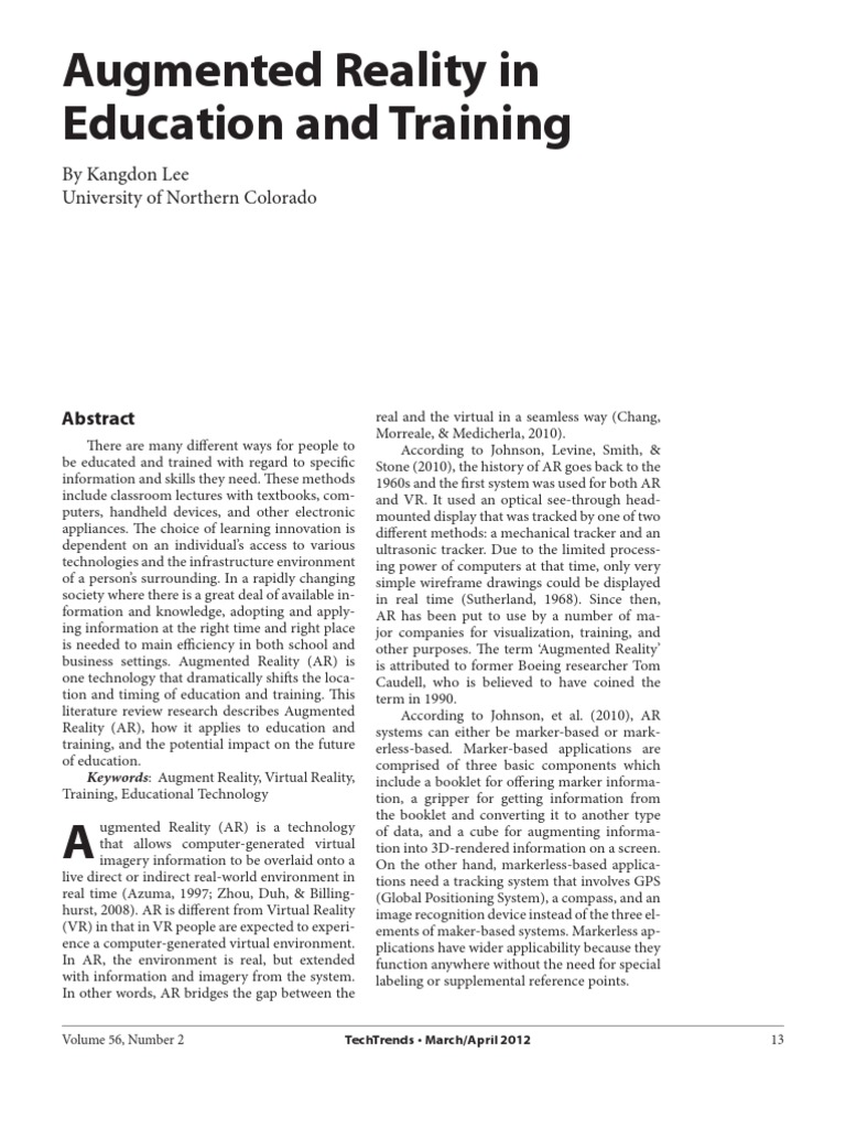 Augmented Reality in Education and Training by Kangdon Lee PDF Occupational Safety And