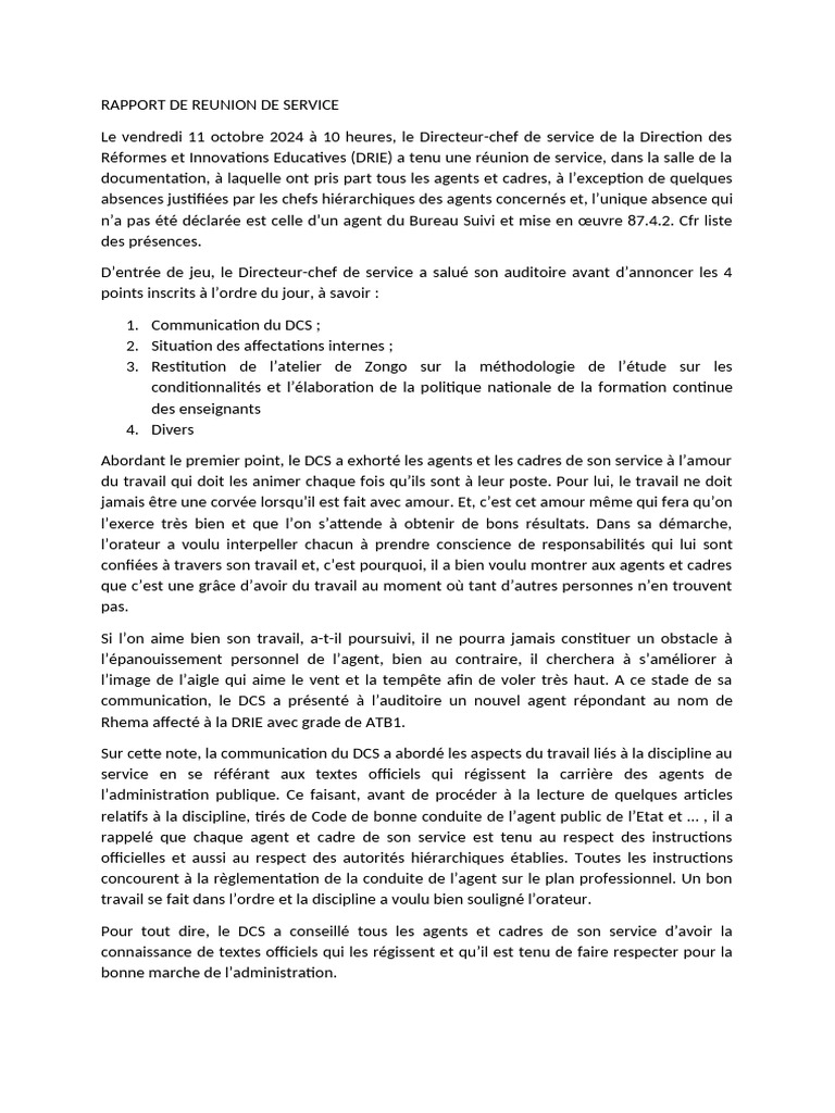 Rapport de la réunion de service du 11/10 | PDF | la communication