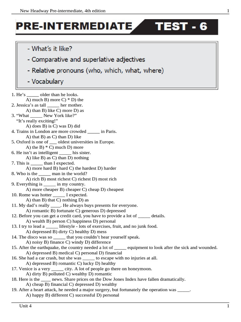 Pre-Intermediate Grammar Test Unit 6 | PDF