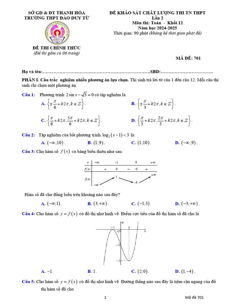 De KSCL Toan 12 Thi TN THPT 2025 Lan 2 Truong THPT Dao Duy Tu Thanh Hoa ...
