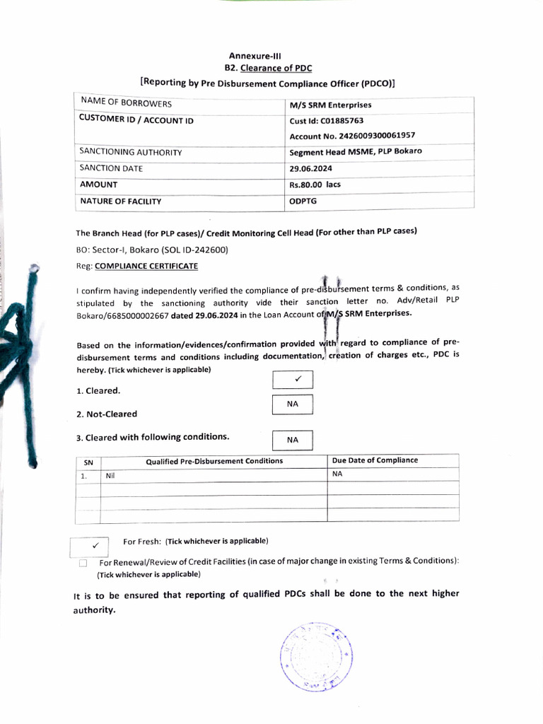 Pre-Disbursement Compliance Certificate | PDF