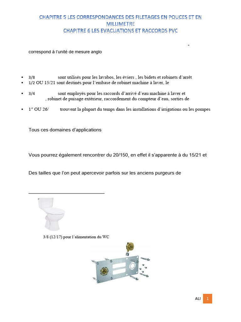 Guide des tailles de raccords plomberie PDF Vis de fixation Génie — free download
