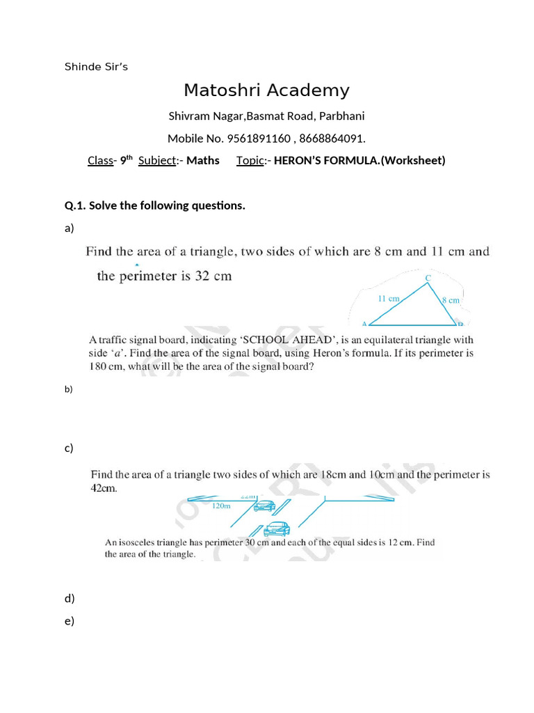 Herons formula class 9th ncert worksheet PDF