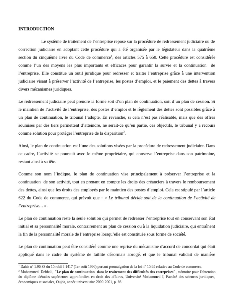 Plan de continuation en redressement judiciaire | PDF | Liquidation |  Business