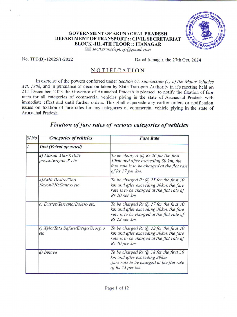 Arunachal Pradesh Commercial Vehicle Fare Notification | PDF | Transport