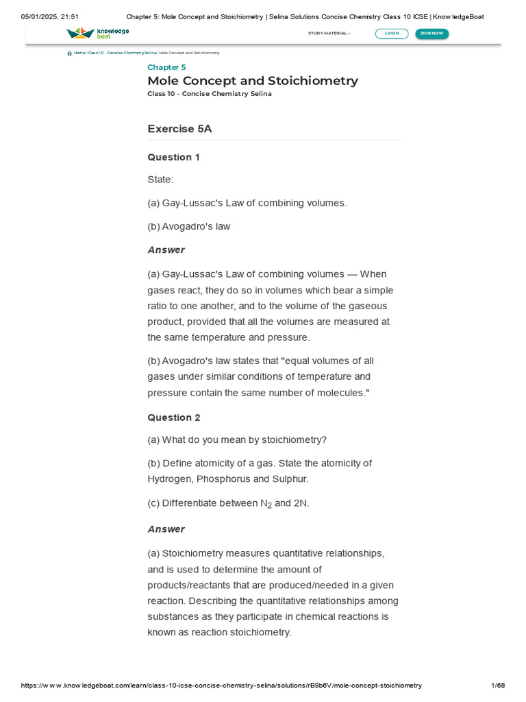 Chapter 5 Solutions Chemistry Class 10 | PDF | Stoichiometry | Gases