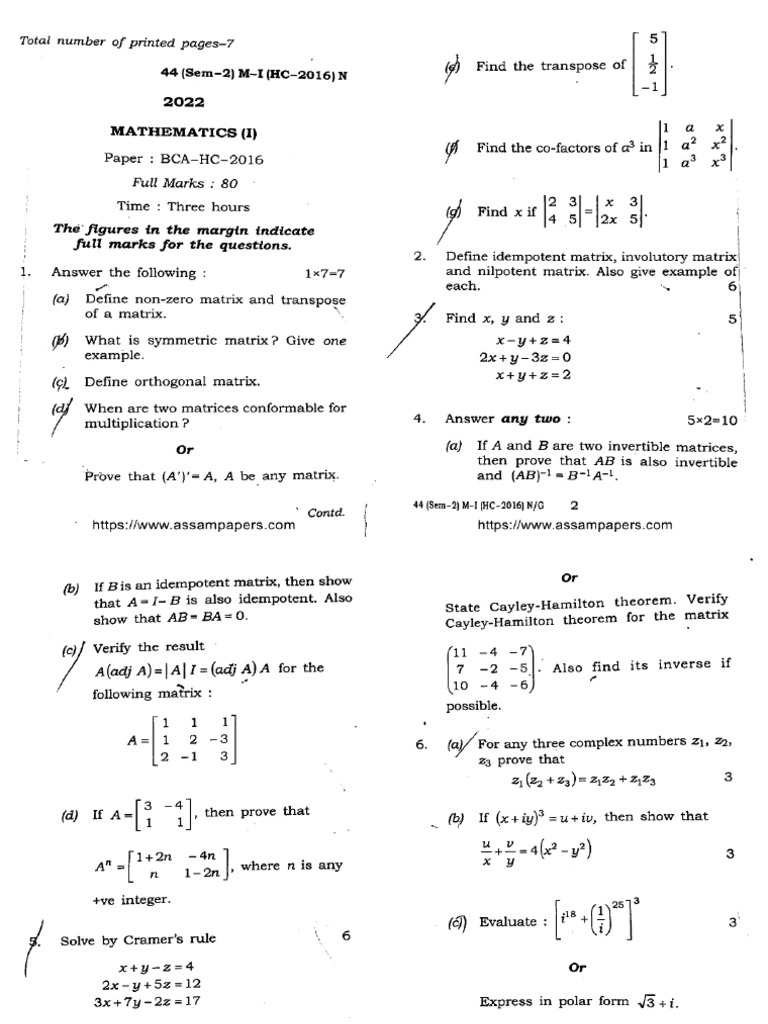 Bca 2 Sem Mathematics 1 Bca HC 2016 2022 | PDF